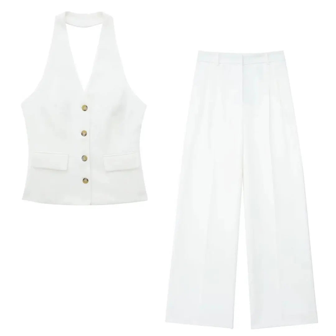 Women Halter Waistcoat and Trouser Co-ord Set with Wide Leg - White