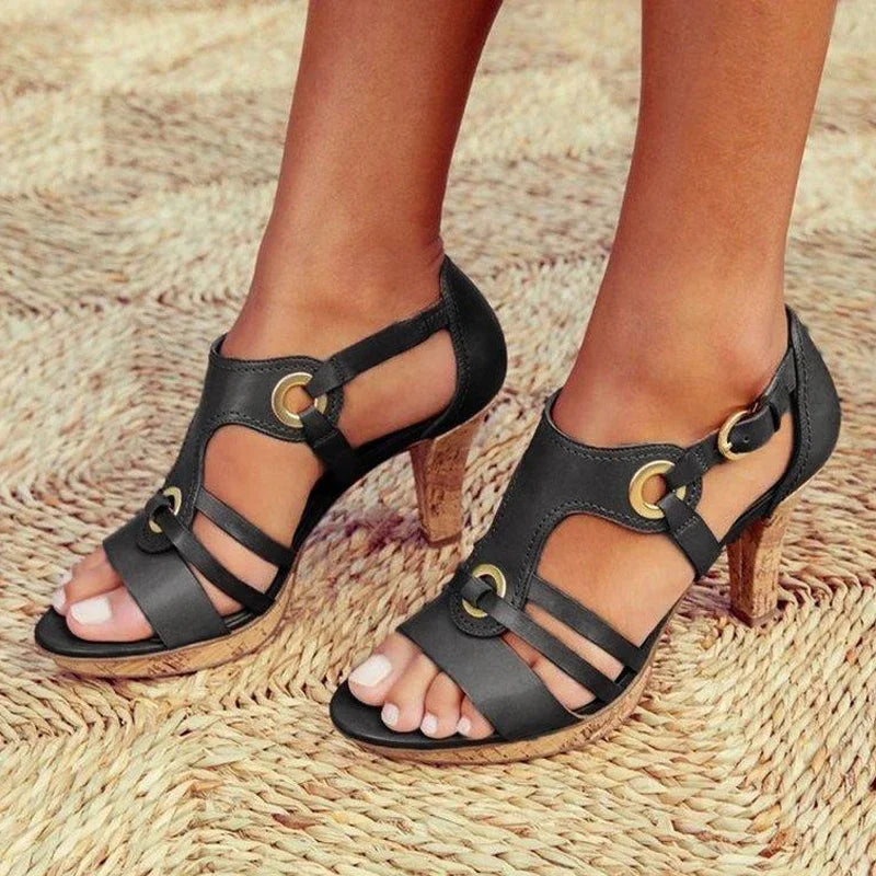 Women's T-Strap Sandals with Ring Detail and Block Heel - 2
