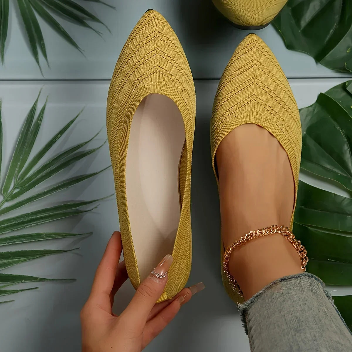 Women's Knit Ballet Flats with Pointed Toe - Yellow