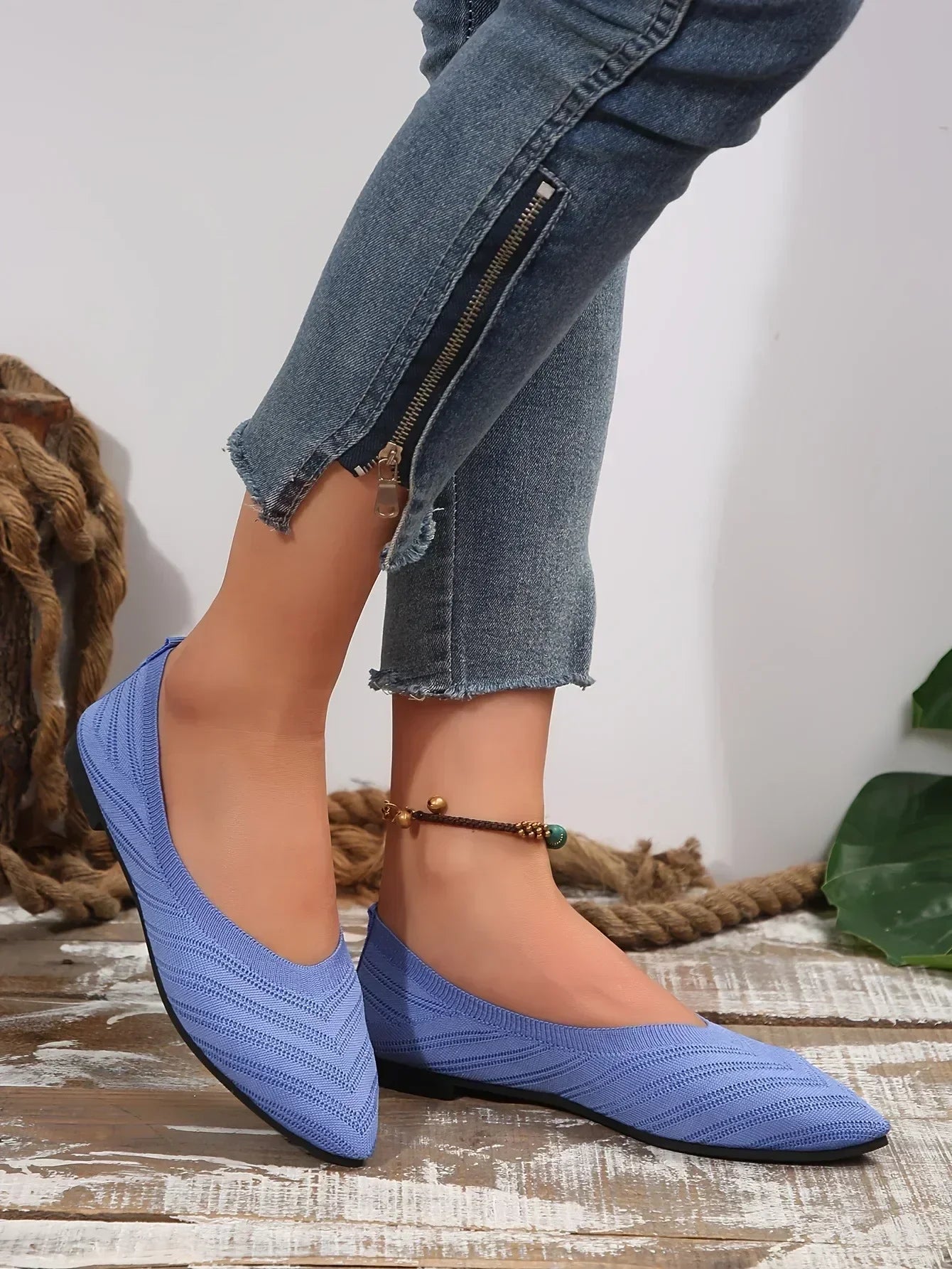 Women's Ballet Flats Pointed Toe with Stretch Knit Upper - Blue