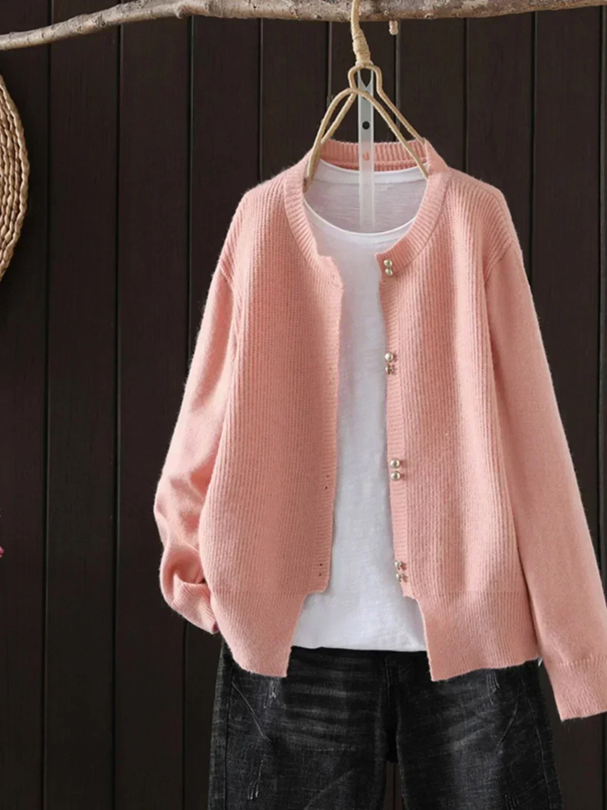 Women's Cardigan with Pearl-Effect Buttons and Relaxed Fit - Pink