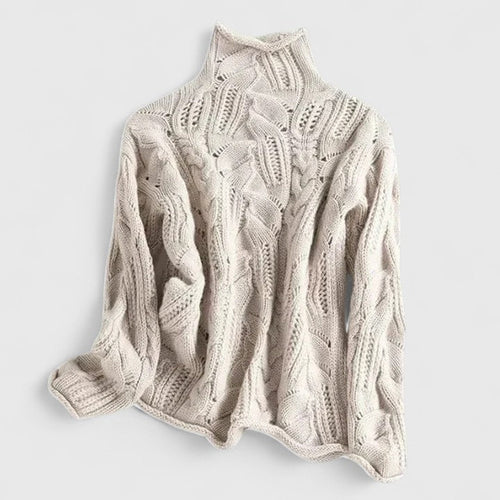 Women's Jumper High Neck Cable Knit Long Sleeve - Beige