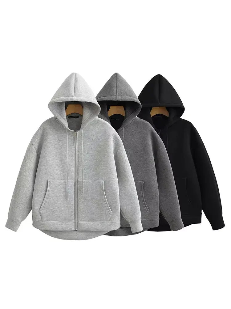 Women's Hooded Zip Jacket with Relaxed Fit and Drop Shoulders - 3