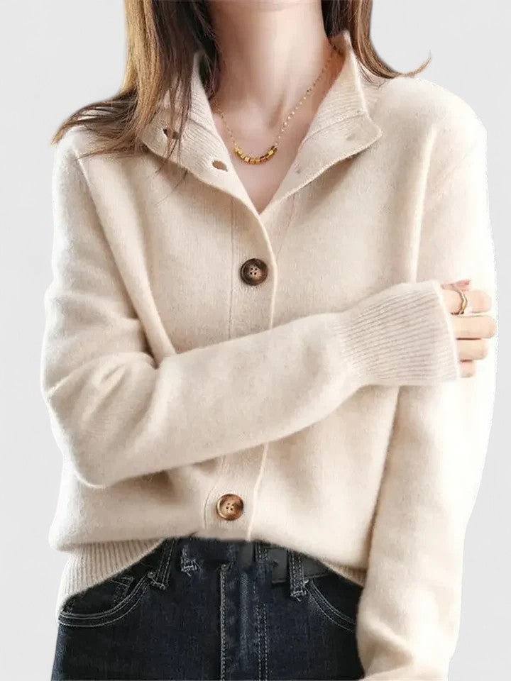 Women's Cardigan Button-Up with Stand Collar - Apricot