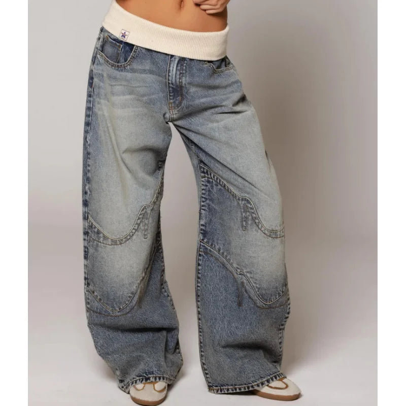 Women's Baggy Wide Leg Jeans with Rib Waistband - 2