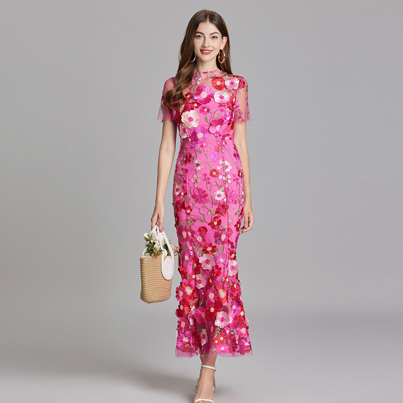 Women's Midi Dress Floral Appliqué with High Neckline and Sheer Sleeves - 5