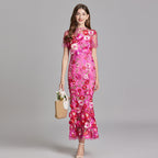 Women's Midi Dress Floral Appliqué with High Neckline and Sheer Sleeves - 5
