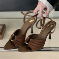 Women's Pleated Buckle Heeled Sandals with Ankle Strap - Brown