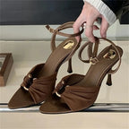 Women's Pleated Buckle Heeled Sandals with Ankle Strap - Brown