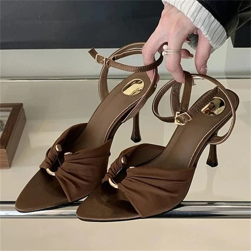 Women's Pleated Buckle Heeled Sandals with Ankle Strap - Brown