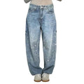 Women's Wide-Leg Jeans with Embellished Crystal Detail - Light Blue