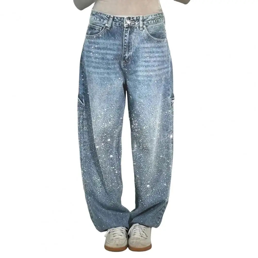 Women's Wide-Leg Jeans with Embellished Crystal Detail - Light Blue