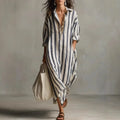 Women's Striped Maxi Dress Relaxed Fit with Collar and Long Sleeves - Anthracite