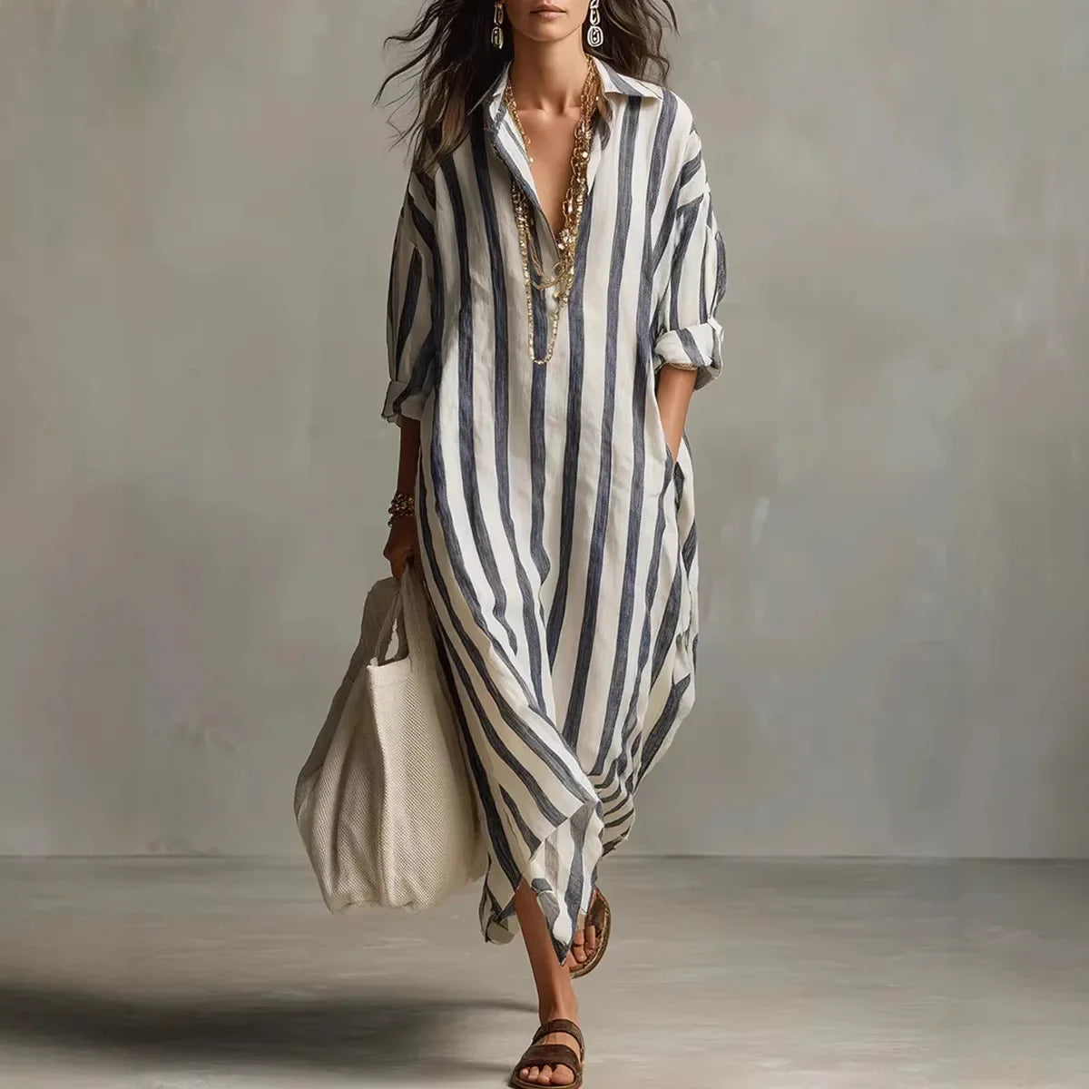 Women's Striped Maxi Dress Relaxed Fit with Collar and Long Sleeves - Anthracite