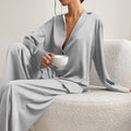 Satin Pyjama Set with Revere Collar and Wide Leg Trousers - Grey