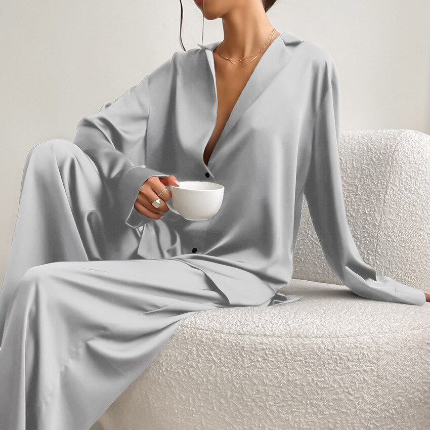Satin Pyjama Set with Revere Collar and Wide Leg Trousers - Grey
