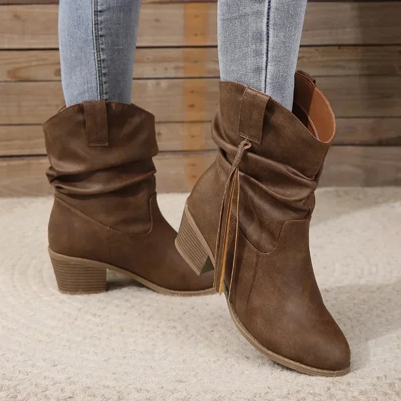 Women's Western Ankle Boots with Braided Tassel Strap and Block Heel - 4