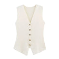 Women's Knitted Waistcoat Sleeveless with V-Neck and Button Front - Beige
