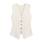 Women's Knitted Waistcoat Sleeveless with V-Neck and Button Front - Beige
