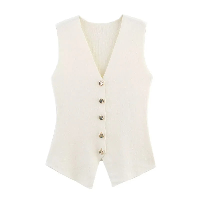Women's Knitted Waistcoat Sleeveless with V-Neck and Button Front - Beige
