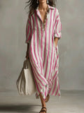 Women's Striped Maxi Dress Relaxed Fit with Collar and Long Sleeves - Pink
