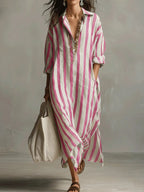 Women's Striped Maxi Dress Relaxed Fit with Collar and Long Sleeves - Pink