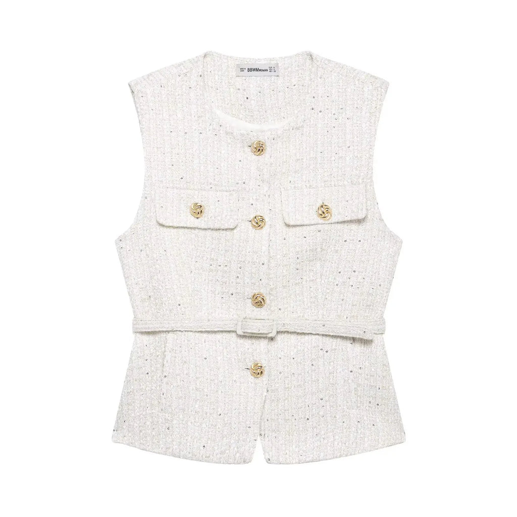 Women's Sleeveless Belted Blazer Vest with Round Neck and Front Buttons - Beige