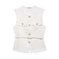 Women's Sleeveless Belted Blazer Vest with Round Neck and Front Buttons - Beige