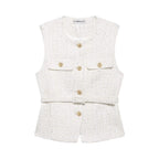 Women's Sleeveless Belted Blazer Vest with Round Neck and Front Buttons - Beige