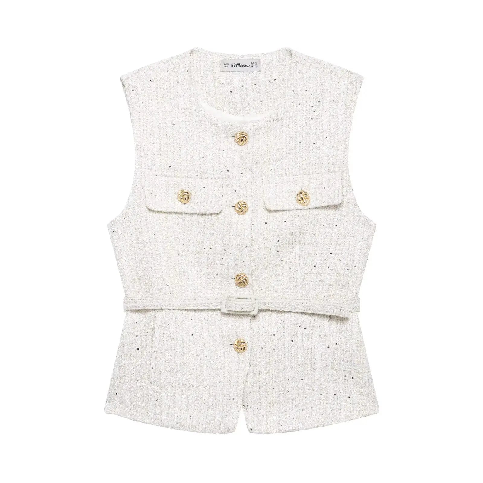 Women's Sleeveless Belted Blazer Vest with Round Neck and Front Buttons - Beige