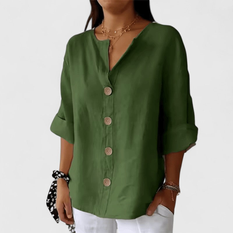 Women's Blouse V-Neck with Button Front and Relaxed Fit - Army Green