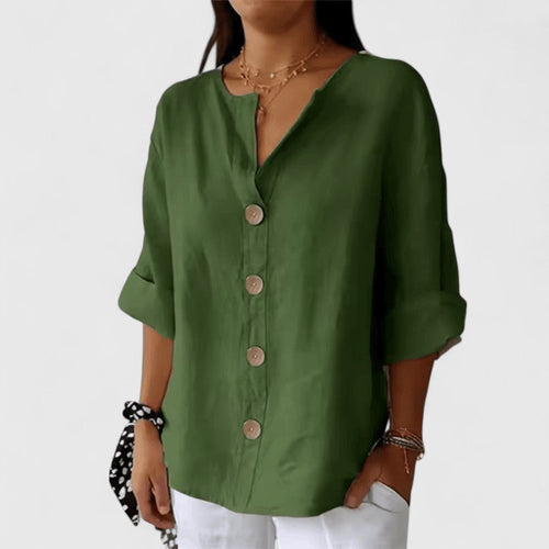 Women's Blouse V-Neck with Button Front and Relaxed Fit - Army Green