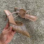 Women's Slingback Heels with Rhinestone Mesh Upper - 7