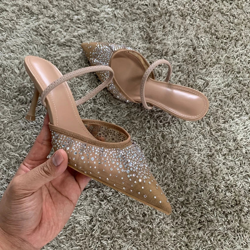 Women's Slingback Heels with Rhinestone Mesh Upper - 7