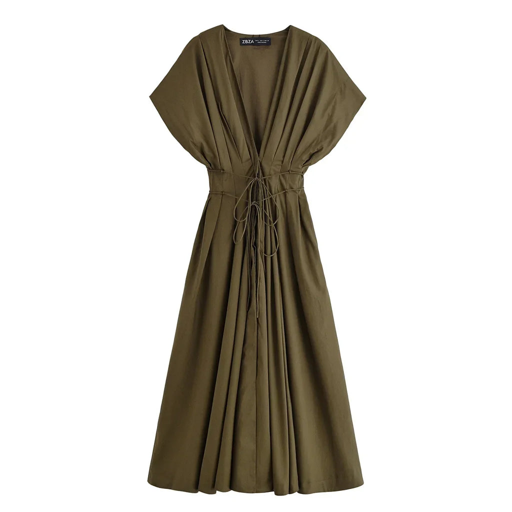 Women's Midi Dress with V-Neck and Tie Waist - Army Green