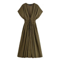 Women's Midi Dress with V-Neck and Tie Waist - Army Green