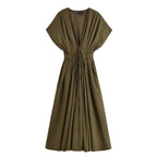 Women's Midi Dress with V-Neck and Tie Waist - Army Green