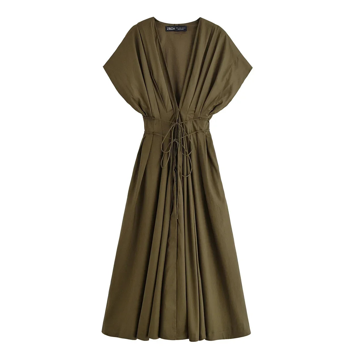 Women's Midi Dress with V-Neck and Tie Waist - Army Green