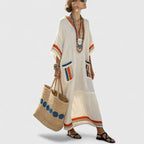 Women's Maxi Dress with V-Neck and Embroidered Trim - A1