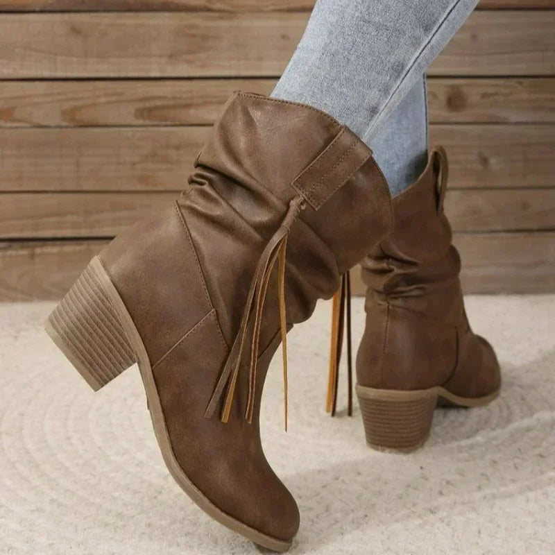 Women's Western Ankle Boots with Braided Tassel Strap and Block Heel - 7