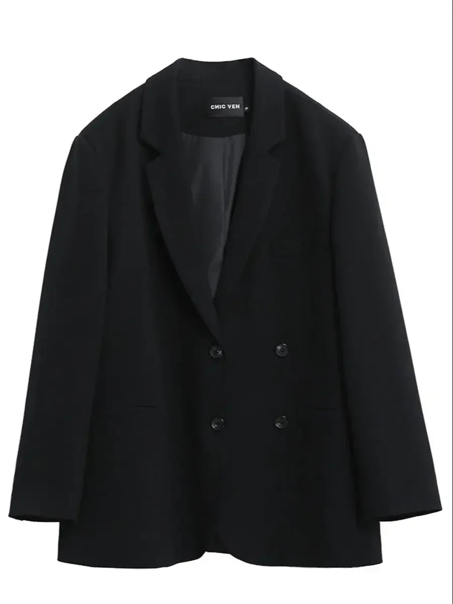 Women's Tailored Blazer Double Breasted with Notched Lapel - Black