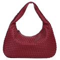 Women's Shoulder Bag with Woven Braided Texture - Wine Red