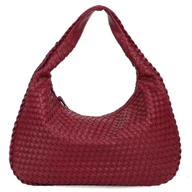 Women's Shoulder Bag with Woven Braided Texture - Wine Red