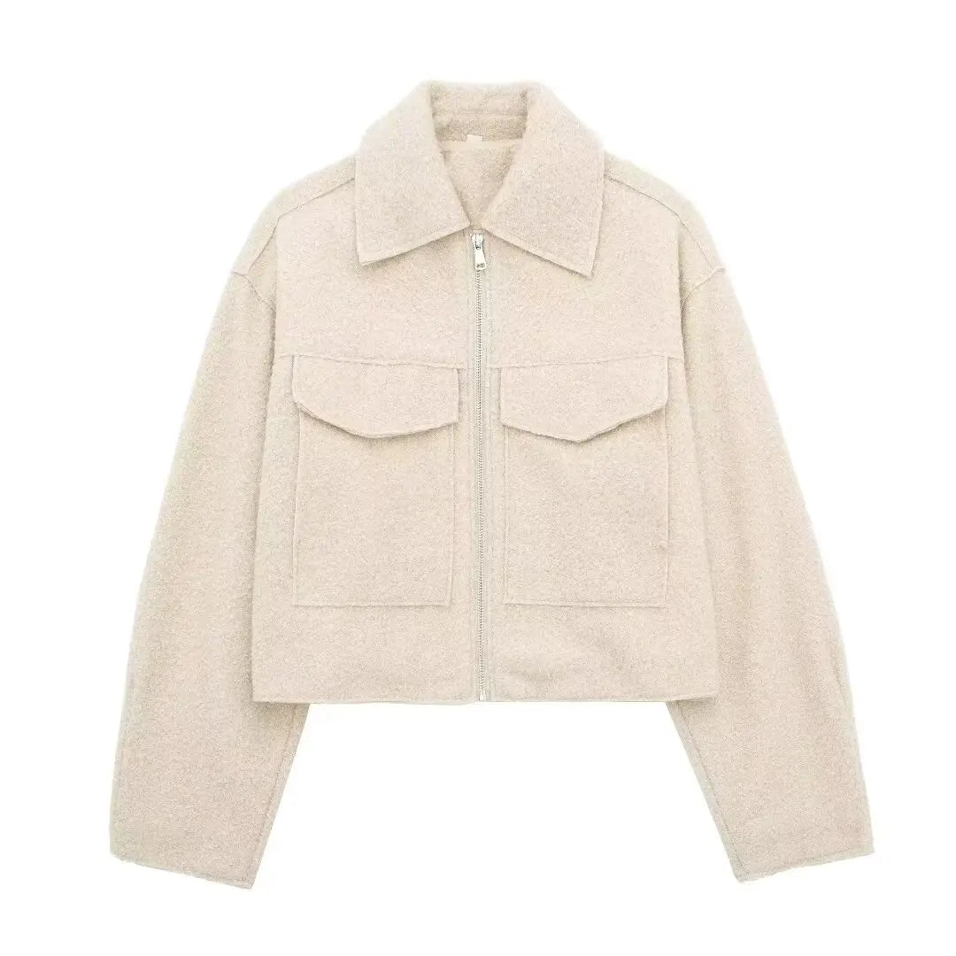 Women's Cropped Jacket with Lapel Collar and Zip Fastening - Beige