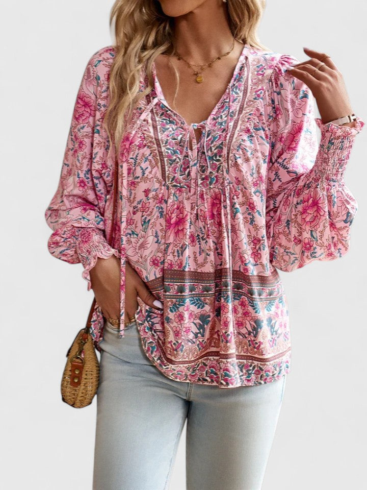 Women's Long Sleeve Blouse with Tie Neck and Floral Print - Pink