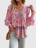 Women's Long Sleeve Blouse with Tie Neck and Floral Print - Pink