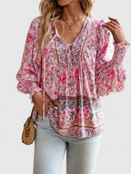 Women's Long Sleeve Blouse with Tie Neck and Floral Print - Pink