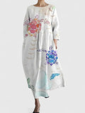 Women's Midi Dress Three-Quarter Sleeve with Round Neck and Floral Print - Flower 1
