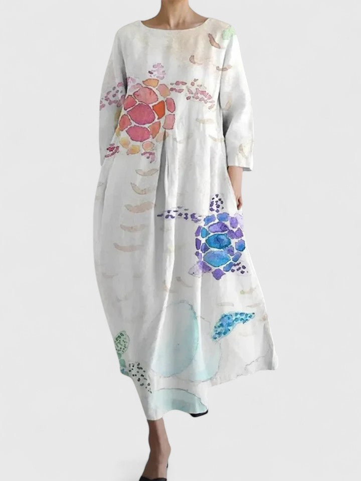 Women's Midi Dress Three-Quarter Sleeve with Round Neck and Floral Print - Flower 1
