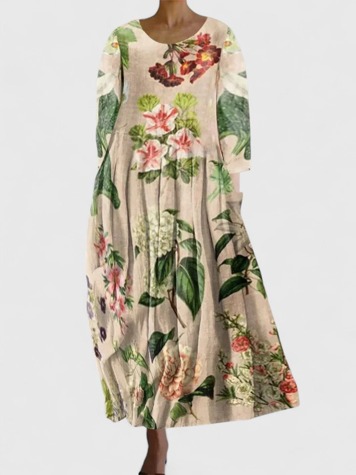 Women's Midi Dress Three-Quarter Sleeve with Round Neck and Floral Print - Flower 6